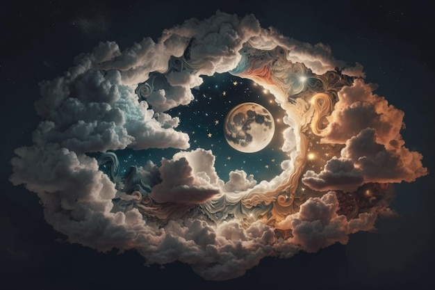 La luna brilla intensamente a través de un mosaico de nubes