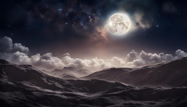 una luna brilla sobre una montaña y la luna brilla