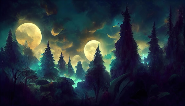 Luna brillante sobre el mágico bosque oscuro de cuento de hadas en la noche