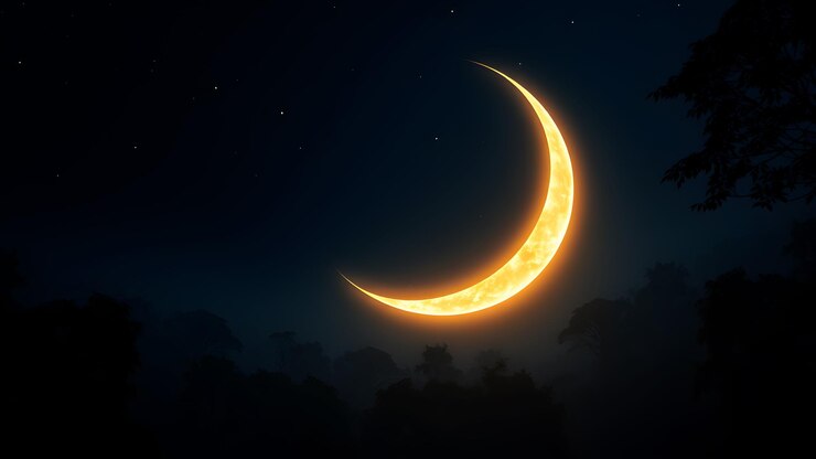 Luna creciente abstracta y estrellas que brillan suavemente sobre un fondo gradiente de azul profundo y oro