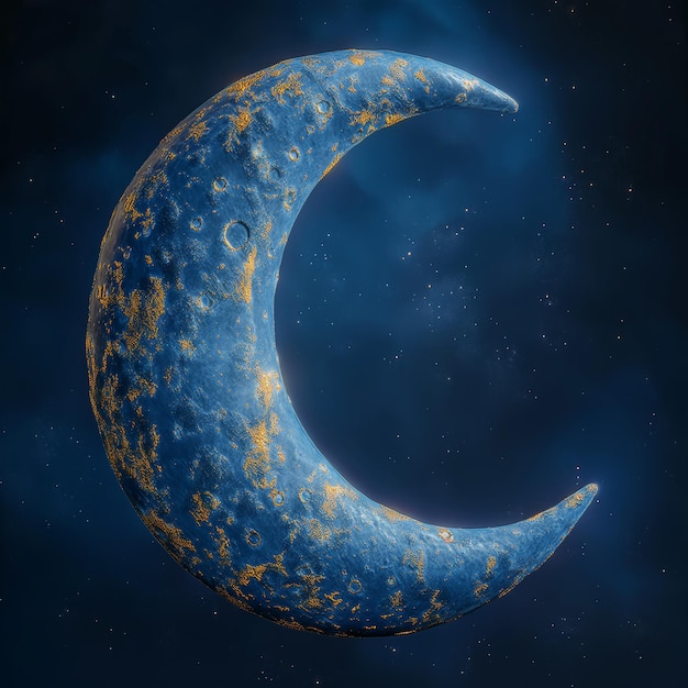 Luna creciente azul y dorada brillante sobre fondo azul para la ocasión del festival de la comunidad musulmana