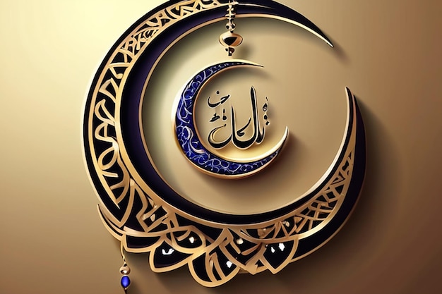 Luna creciente brillante decorada con flores con texto de caligrafía islámica árabe Eid Mubarak en g