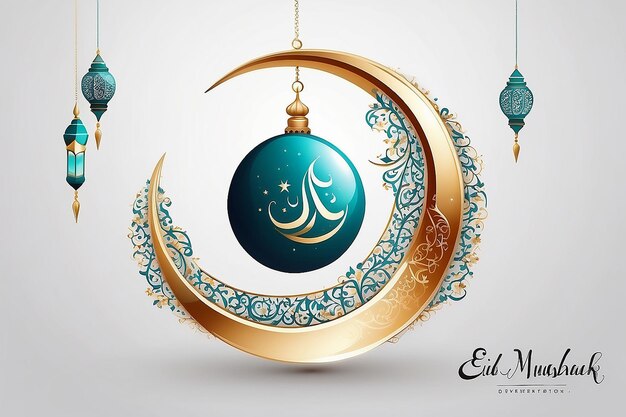 Foto luna creciente brillante decorada con flores con texto de caligrafía islámica árabe eid mubarak en g