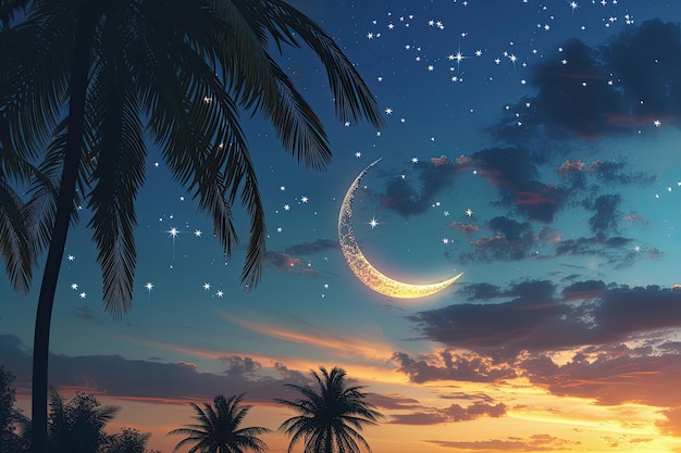 Una luna creciente brillante, estrellas y palmeras de dátiles que representan las noches del Ramadán