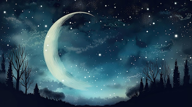 Luna creciente en el cielo nocturno Pintura digital con espacio para copiar