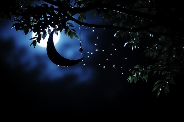 una luna creciente colgando de una rama de árbol por la noche