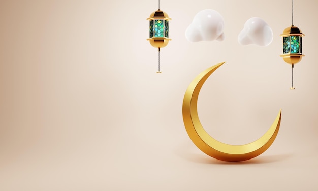 Luna creciente dorada con linterna árabe sobre fondo de color coral Eid Mubarak o vacaciones de Ramadán y concepto de religión tradicional representación de ilustración 3D