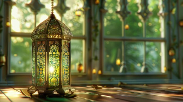 Luna creciente dorada con linternas en una mezquita Ramadán Kareem fondo