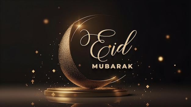 Una luna creciente dorada con las palabras eid mubarak.