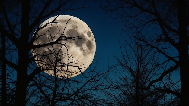 Luna creciente enmarcada por árboles con siluetas