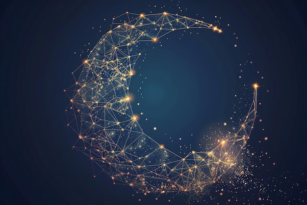 Luna creciente estelar digital con líneas y partículas brillantes para el diseño cósmico futurista