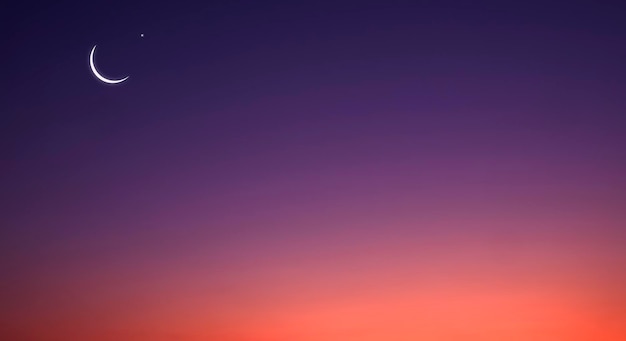 Luna creciente y estrella en el cielo crepuscular con hermosa luz solar naranja en el cielo azul oscuro de la noche