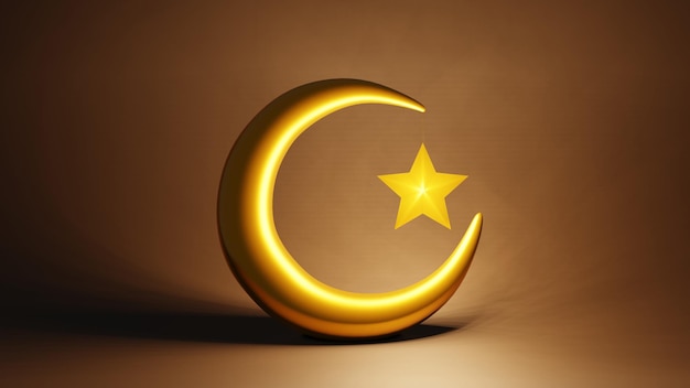 Luna creciente y estrellas símbolo islámico dorado renderización en 3D