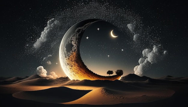 Luna creciente de fantasía en la noche estrellada sobre el desierto