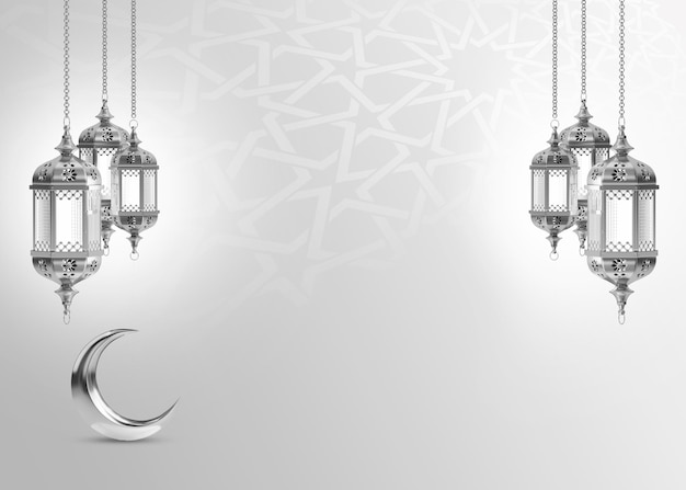 Una luna creciente y una lámpara con las palabras ramadán Islam Ramadán saludo de fondo