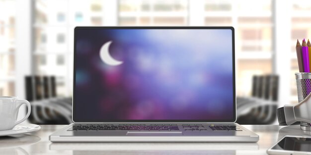 Luna creciente en la pantalla de la computadora Desenfoque de fondo de oficina Ilustración 3d