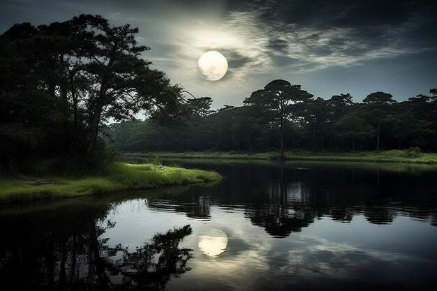 La luna creciente se pone sobre un estanque o pantano tranquilo