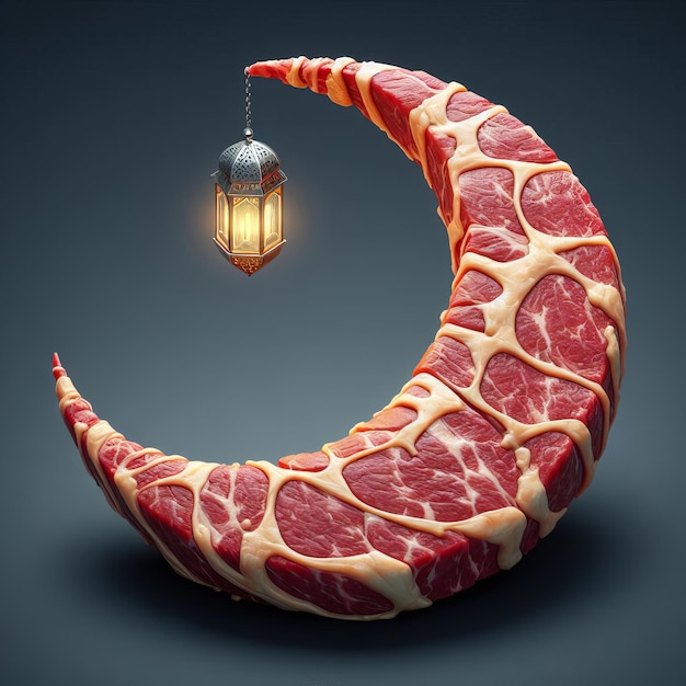 Luna creciente realista en 3D hecha de carne de res con tema de Ramadán aislado en el fondo