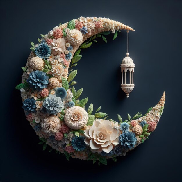 Luna creciente realista en 3D hecha de hermosas flores con el tema del Ramadán aislado