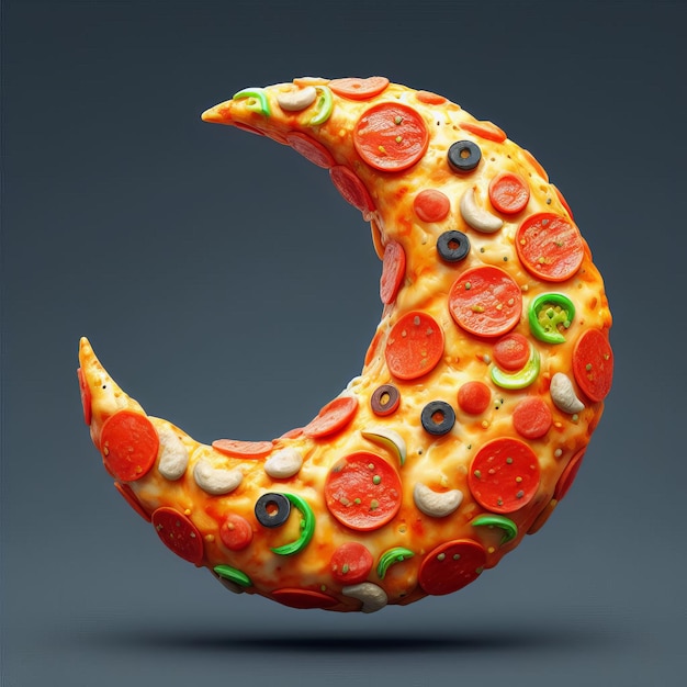 Luna creciente realista en 3D hecha de pizza con tema de Ramadán aislado en el fondo