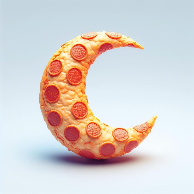 Luna creciente realista en 3D hecha de pizza con tema de Ramadán aislado en el fondo