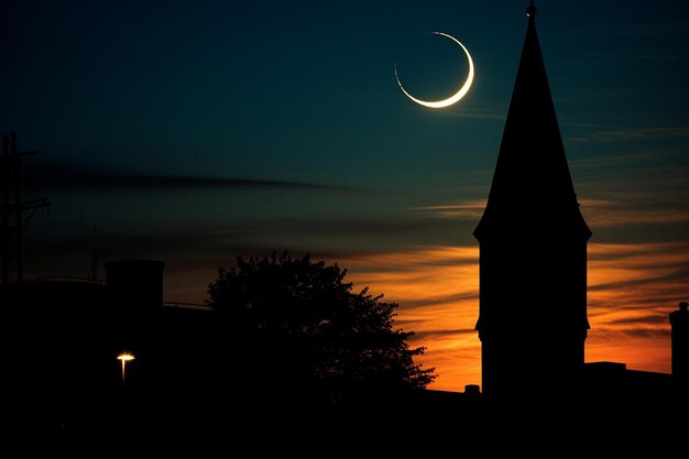 Foto luna creciente con la silueta de un campanario de la iglesia