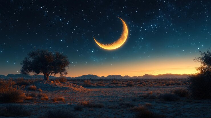 La luna creciente sobre un paisaje desértico en el crepúsculo con un árbol solitario las estrellas salpican el cielo nocturno