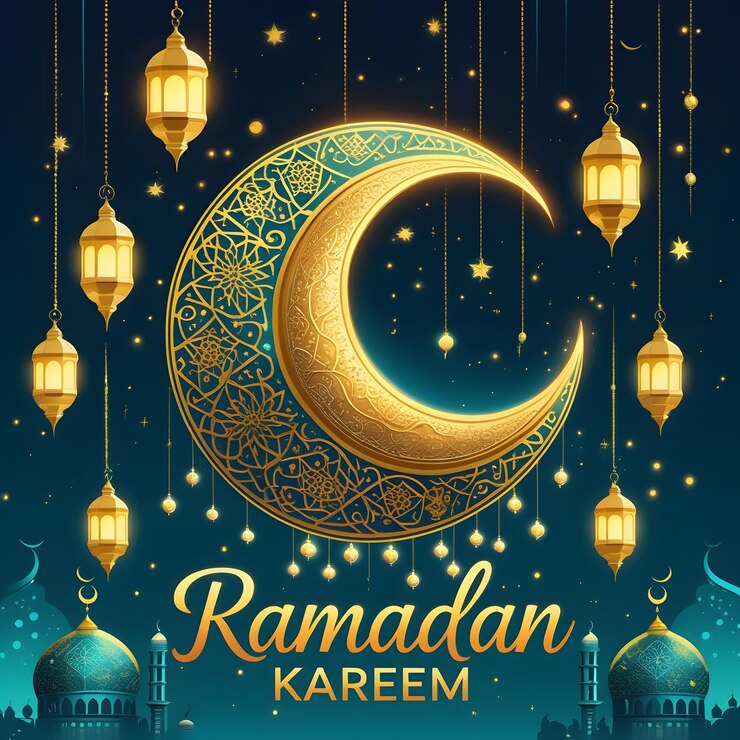 Luna decorativa con lámparas colgantes el fondo de la celebración de Ramadán Kareem 2025
