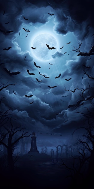 Luna espeluznante en el cielo nublado con murciélagos la noche de Halloween