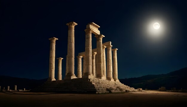 la luna está brillando sobre las ruinas del templo de la deidad