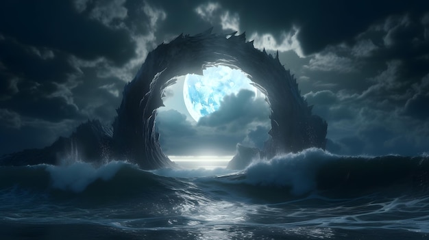 La luna está saliendo del océano.
