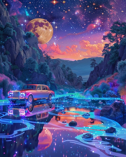 Una luna y estrellas espaciales en la noche estrellada cerca de un coche de neón con lagos y aguas
