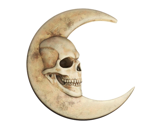 Luna en forma de calavera y en forma de niña sobre un fondo blanco 3D Render