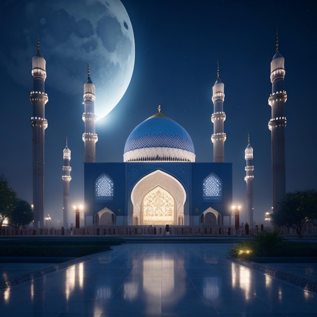 Una luna grande está detrás de una mezquita azul.