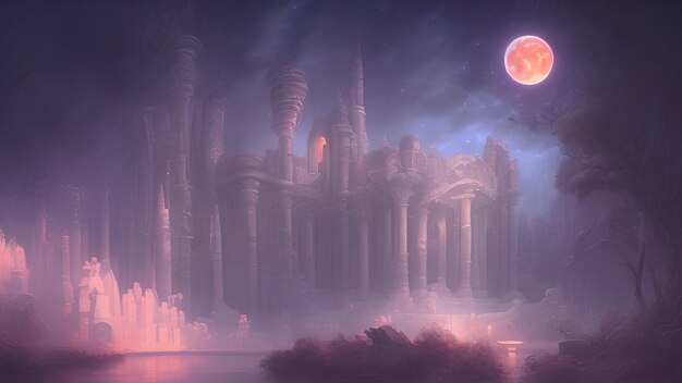 la luna iluminó el cielo nocturno en este arte en el estilo de las ruinas fantásticas