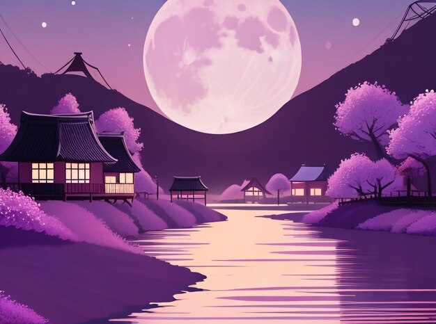 Foto la luna lila sueña sobre el río ilustración colorida