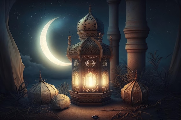 Luna y linterna. Linterna de estilo islámico. Linterna de Ramadán. Fondo de pantalla de Eid Mubarak Ramadán Kareem