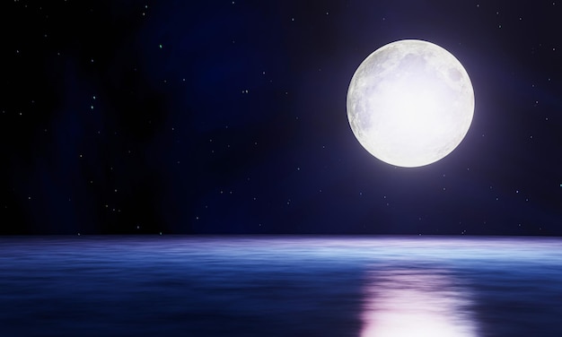 La luna llena azul se refleja en el mar una ola de agua del océano a la isla el cielo tiene muchas estrellas ondas en el mar por la noche renderización 3D