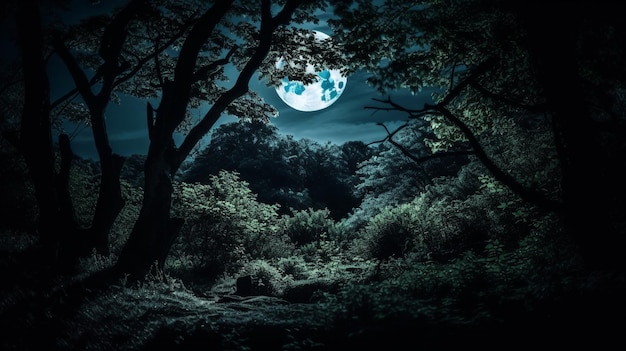 La luna llena brilla sobre un bosque por la noche.