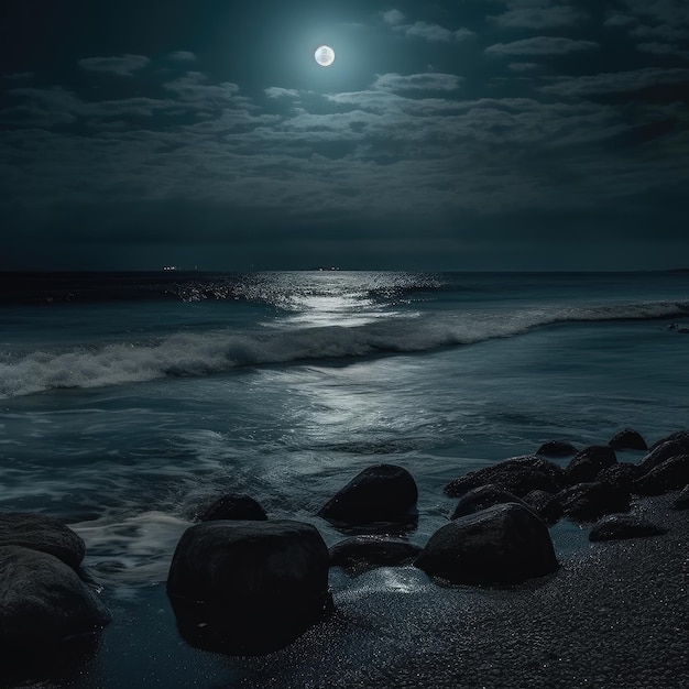 Una luna llena brilla sobre el océano.