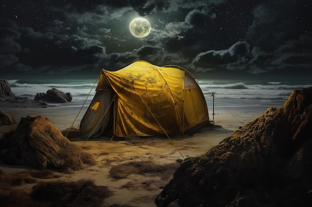 una luna llena brillando en una playa de arena con una carpa amarilla encima