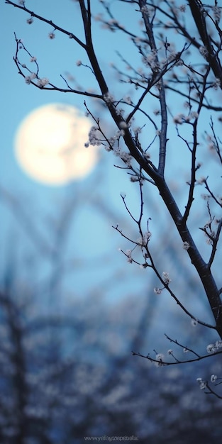 una luna llena en el cielo detrás de un árbol