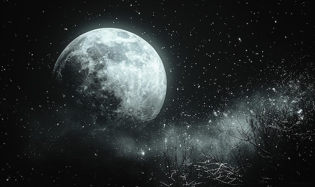 La luna llena en el cielo nocturno negra y blanca