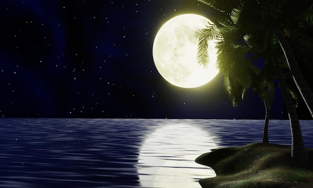 La luna llena de color amarillo dorado se refleja en el mar una ola de agua del océano a la isla el cielo tiene muchas estrellas ondas en el mar por la noche hay cocoteros en la isla renderización 3D