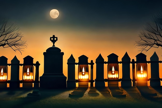 Foto una luna llena se eleva sobre un cementerio.