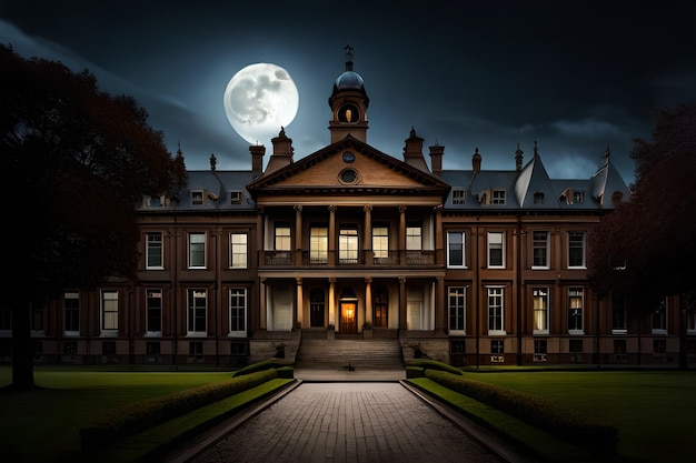 Una luna llena se eleva sobre un edificio con un gran edificio al fondo.