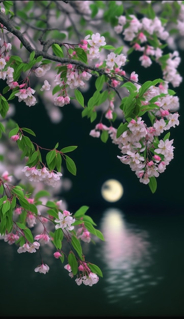 La luna llena es visible en el fondo de una rama de árbol con flores rosas.