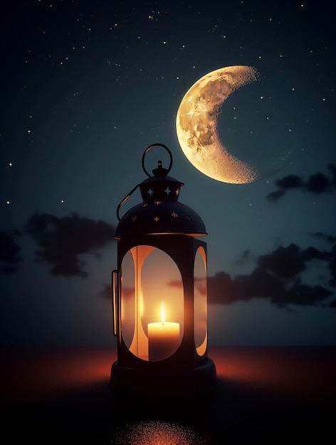 Una luna llena está detrás de una linterna con la luna al fondo.
