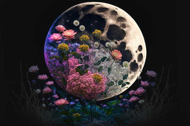 Luna llena con flores en primer plano ai generativo.