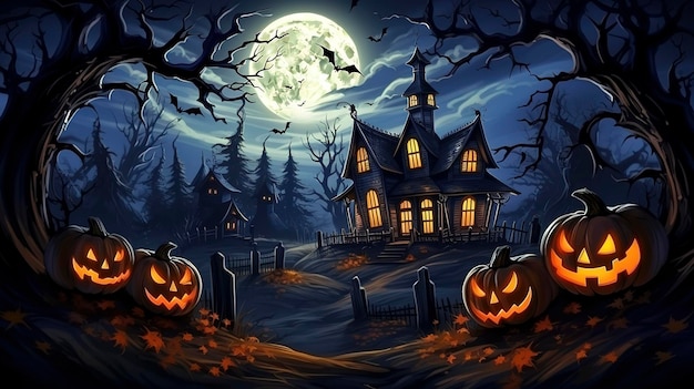 Luna llena de halloween con casa embrujada